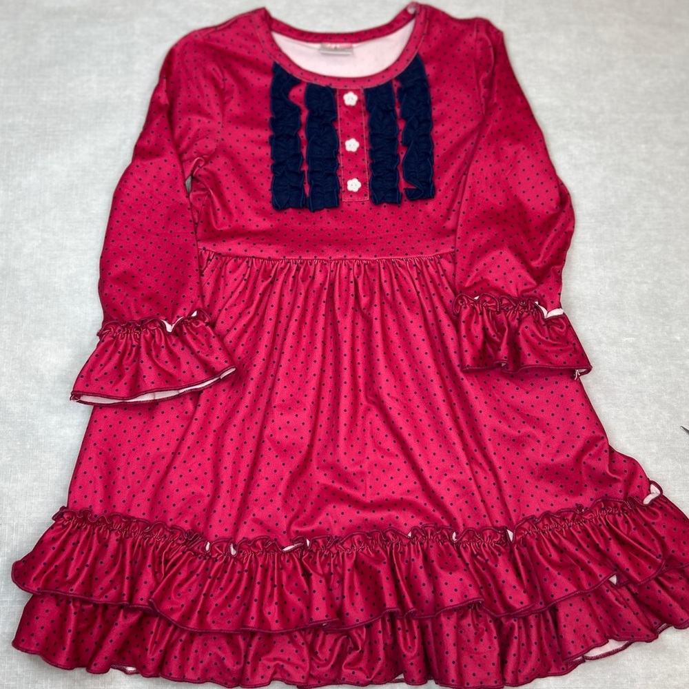 Girls Pink Polka Dot Long Sleeve Dress Ruffle Hem & Navy Ruffle Front Size L